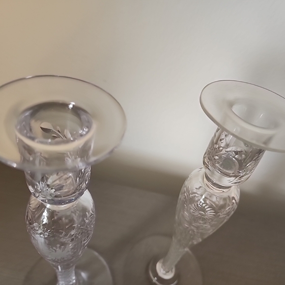 set of 2 vintage glass candle holders with bobeches, clear, glass, 10" tall - Picture 6 of 13